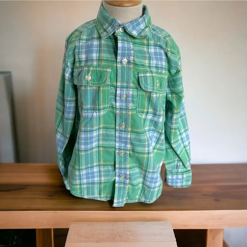 Carter's Boys Shirt Sz 5 Green White Blue Yellow Long Sleeve Plaid‎ Buttons